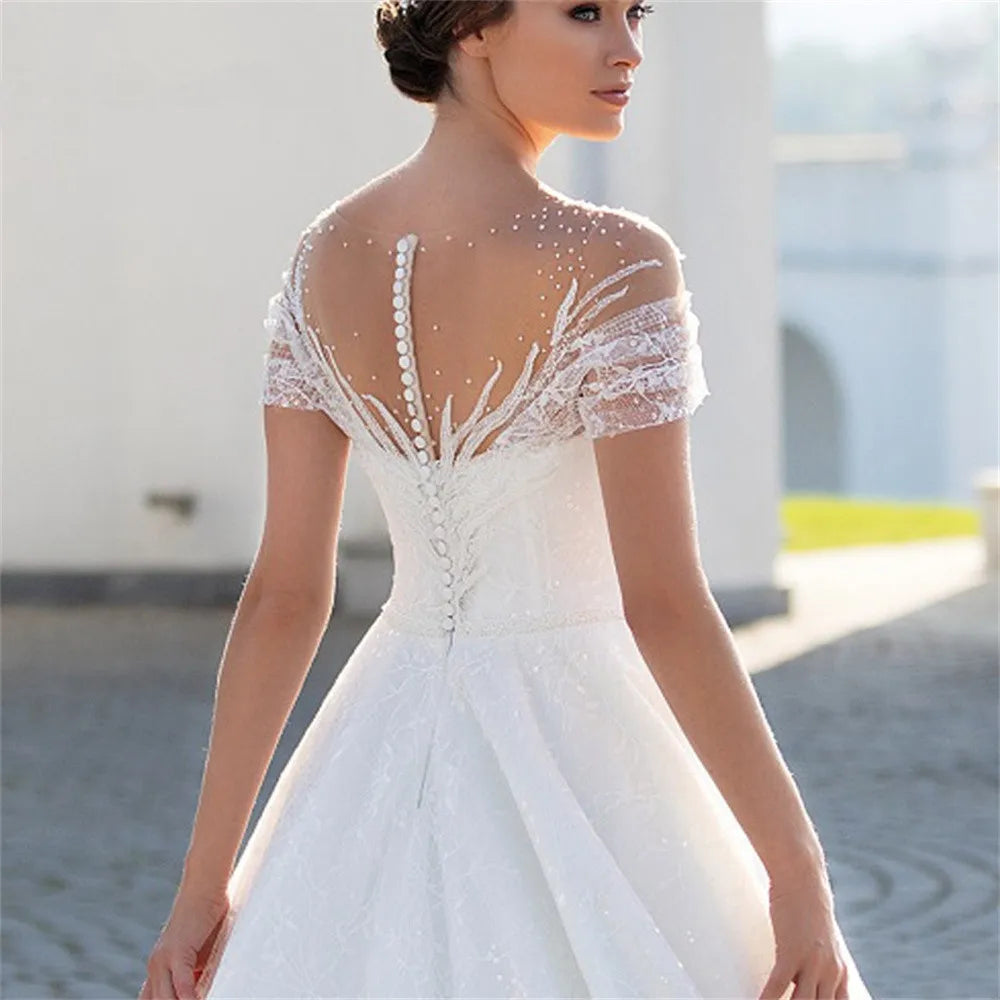 Vestido de noiva do ombro brilhante para a noiva Glitter Lace Lace A-Line Vestidos de noiva comprimento do chão Madeira feita