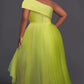 Prom Dresses Plus Size Formal Fluorescent Neon Green Oblique Collar One Shoulder Short Sleeve Irregular Hem Tulle Maxi Dresses