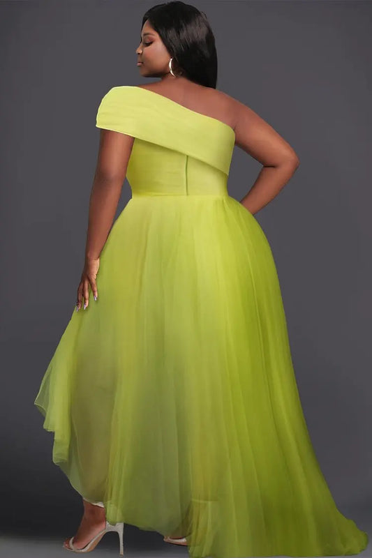 Prom Dresses Plus Size Formal Fluorescent Neon Green Oblique Collar One Shoulder Short Sleeve Irregular Hem Tulle Maxi Dresses