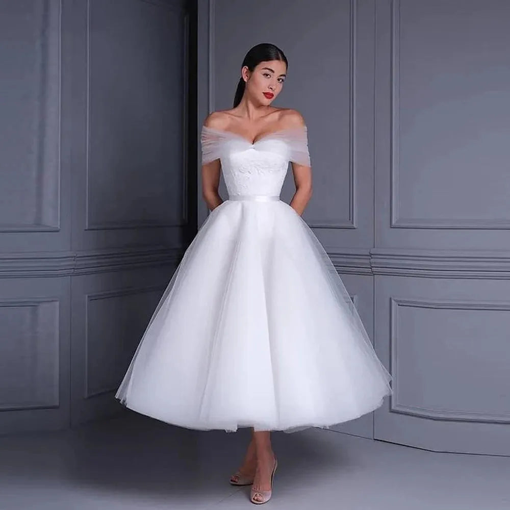 Elegant Beautiful Sweet Short Off Shoulder Gauze Wedding Dresses Princess Beaded A-shaped Pretty Gorgeous Dresses 14w