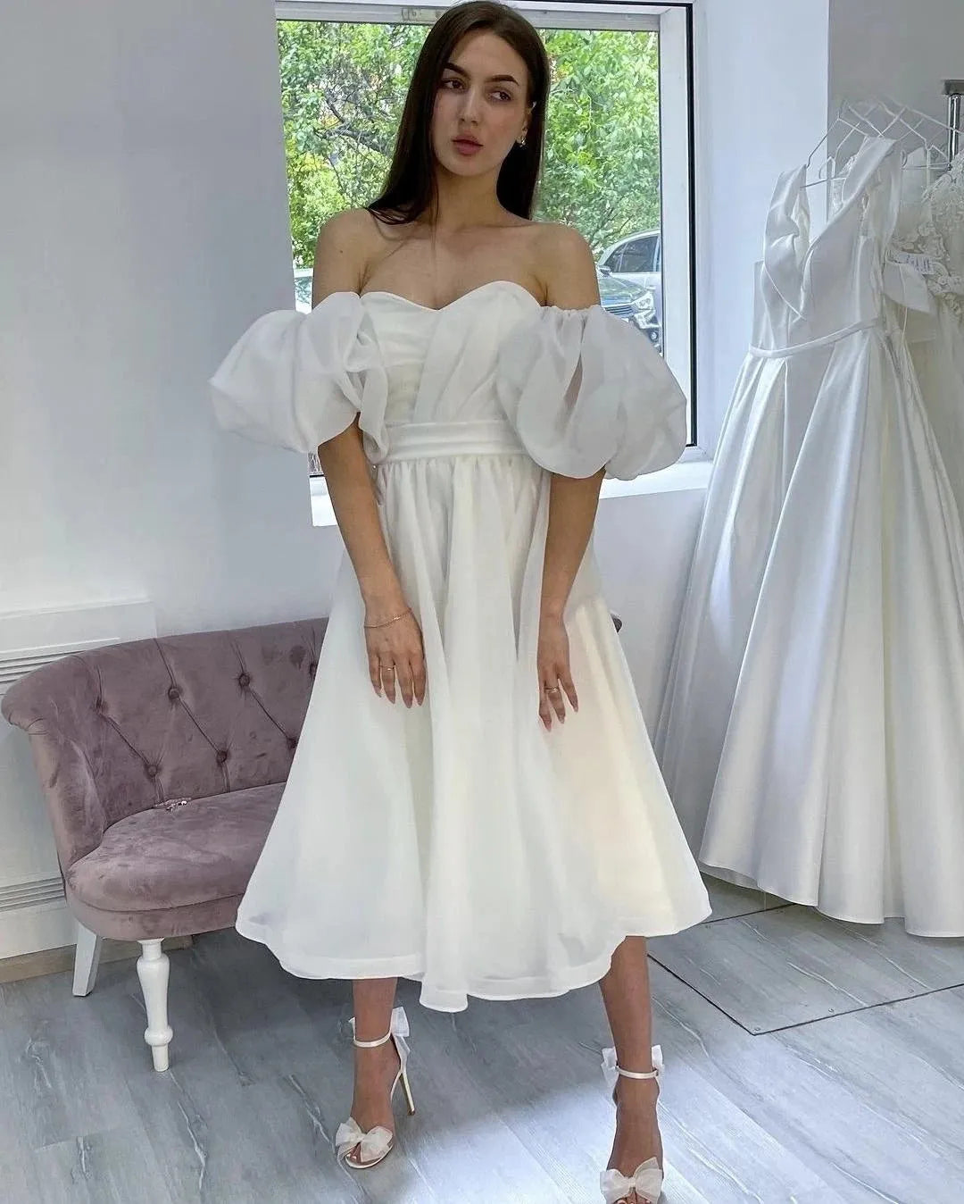 Short Puff Sleeve Wedding Dress Organza Knee Length Bridal Gowns Simple Beach Ivory Corset Back Robe De Mariee Customize Measure 14w