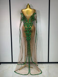 Sexy Mesh See Through Long Dress Sparkly Green Sequins Night Club Party Dress Cloak Birthday Celebrate Drag Queen Stage Costumes