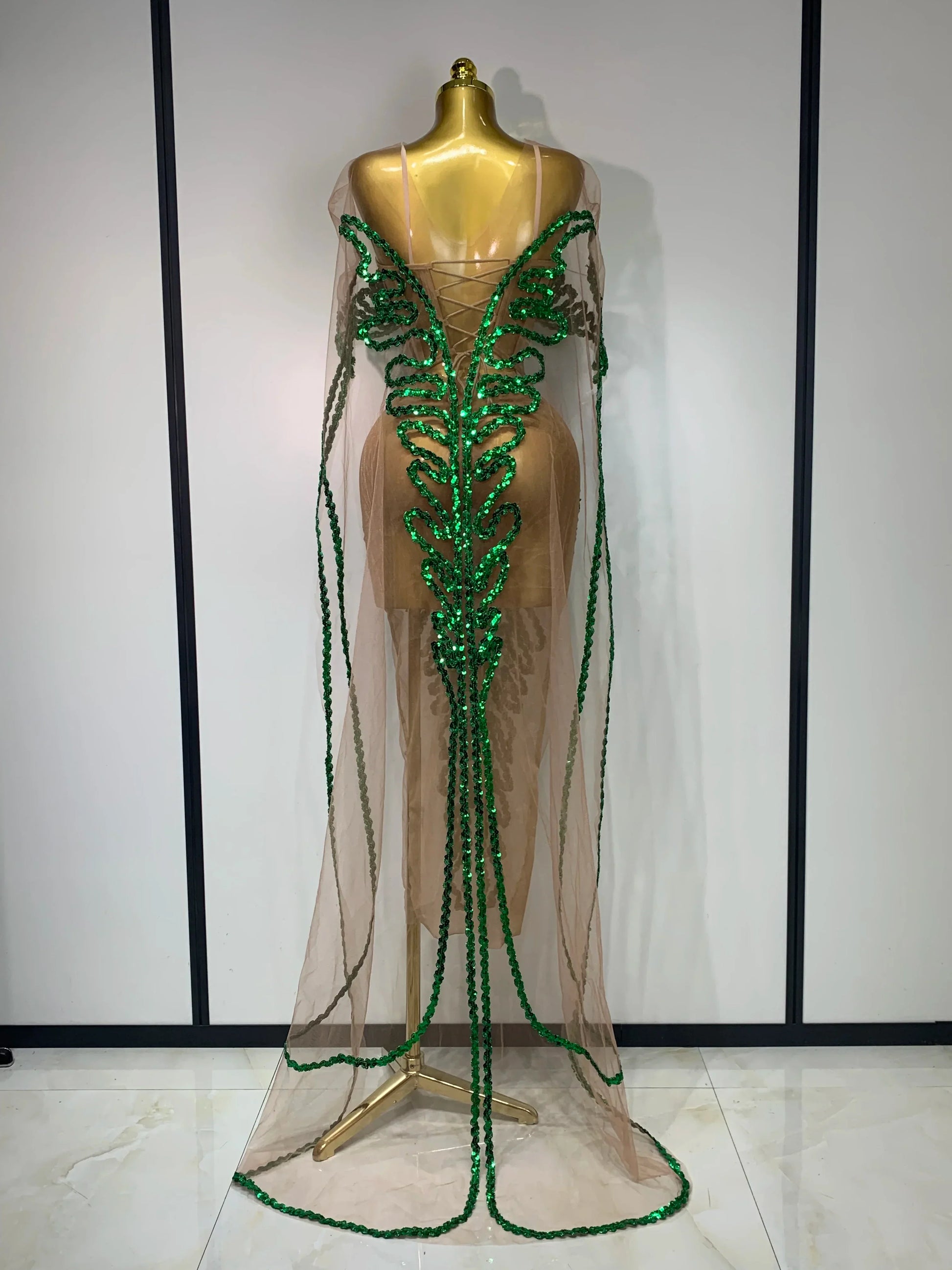 Sexy Mesh See Through Long Dress Sparkly Green Sequins Night Club Party Dress Cloak Birthday Celebrate Drag Queen Stage Costumes