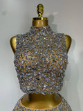 Sparkling Rhinestone Sexy See Through Blackless Top Skirt Two Pieces Set Woman Luxury Birthday Evening Party Gowns