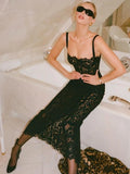 Elegant Black Lace Spaghetti-Strap Maxi Dress for Sophisticated Occasions Party Evening Gown