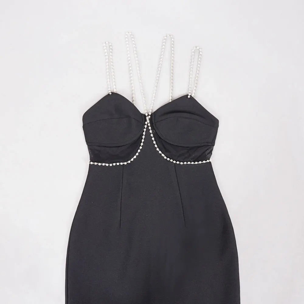 Spring Women's Water Diamond Chain Strap Sleeveless Bandage Dress Patchwork Bodycon Long Dress Evening Club Party Vestidos