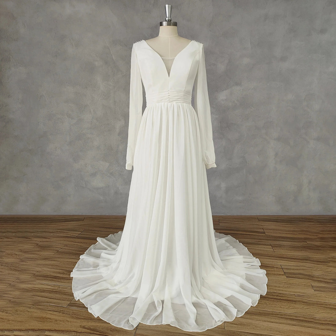 V-Neck A-Line Long Puff Sleeves Chiffon Wedding Dress Lace Up Back Court Train Bridal Gown Custom Made Ivory 20w