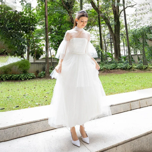 Una línea Midi vestidos de fiesta de boda media manga alta puntos escalonados vestidos de fiesta de novias de tul para mujeres vestidos de noche