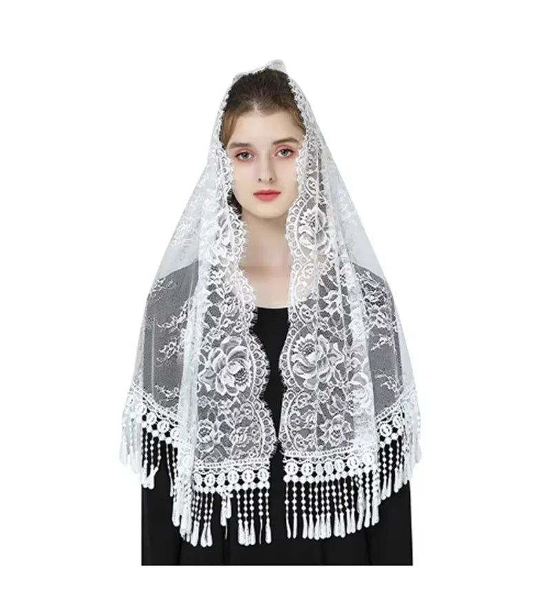 Lace Mantilla Church Veils Black White Spanish Musim Head Covering Shawl Scarf For Women Chapel Catholic Veils For Wedding Bride WHITE