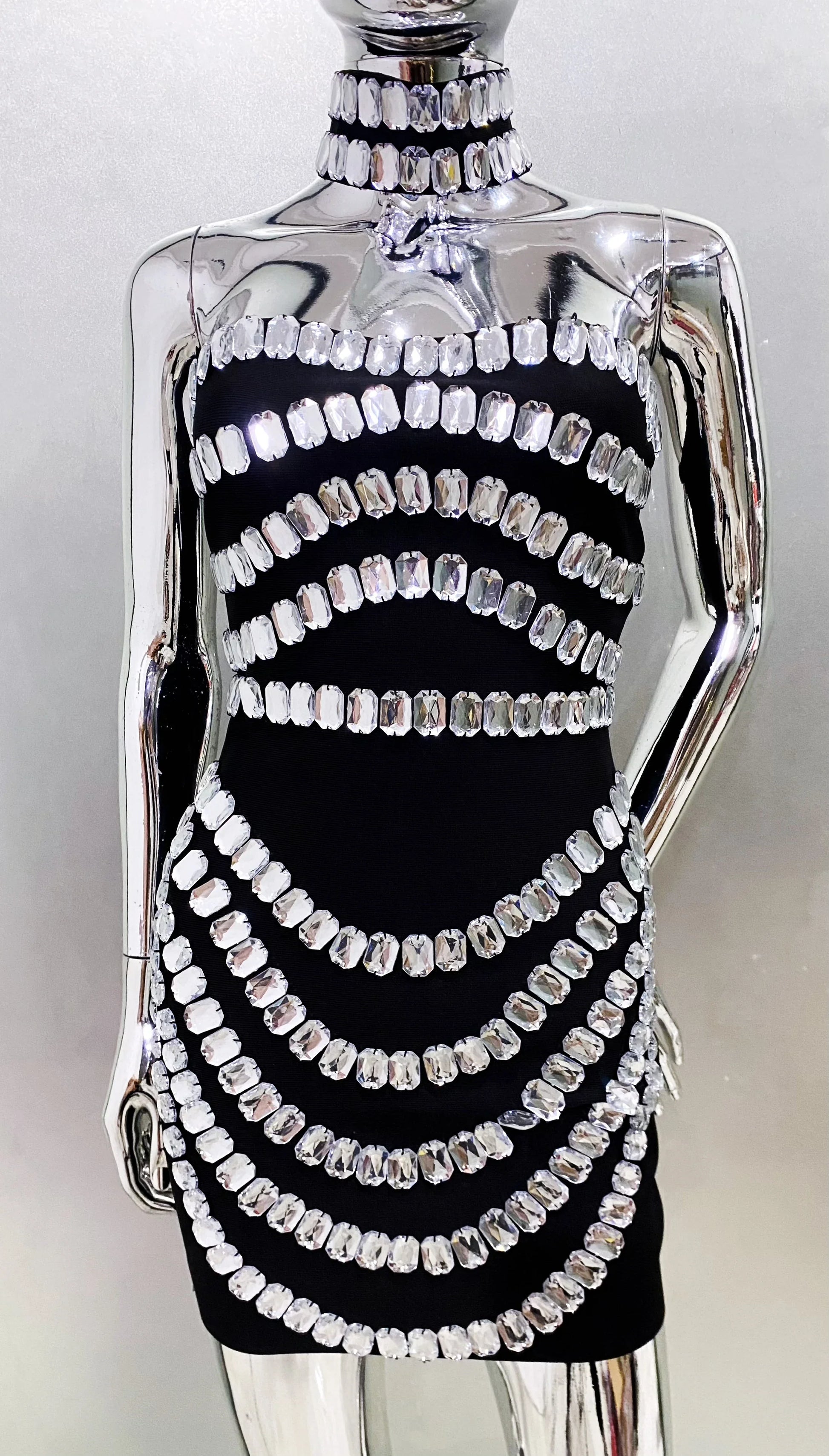 Stylish Necklace Shining Diamonds Strapless Black Bandage Mini Dress Fashion Woman Party Vestido Celebrity Birthday Outfit