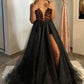 Sequined Evening Dresses Tulle Deep V Neckline Spaghetti Strap A Line Hi-lo Front Slit Prom Gowns Women Formal Party Custom made