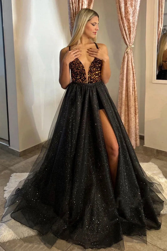 Sequined Evening Dresses Tulle Deep V Neckline Spaghetti Strap A Line Hi-lo Front Slit Prom Gowns Women Formal Party Custom made