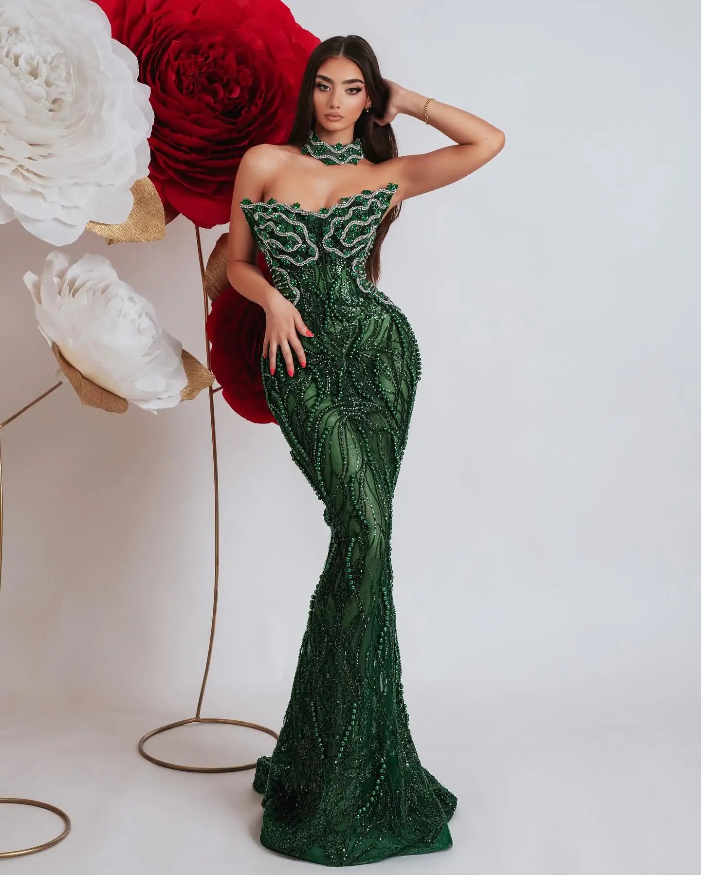 Dark Green Shining Sequin Neck Chain Strapless Ankle Length Dress Woman Cocktail Party Dress Celebrity Birthday Party Vestido As Picture