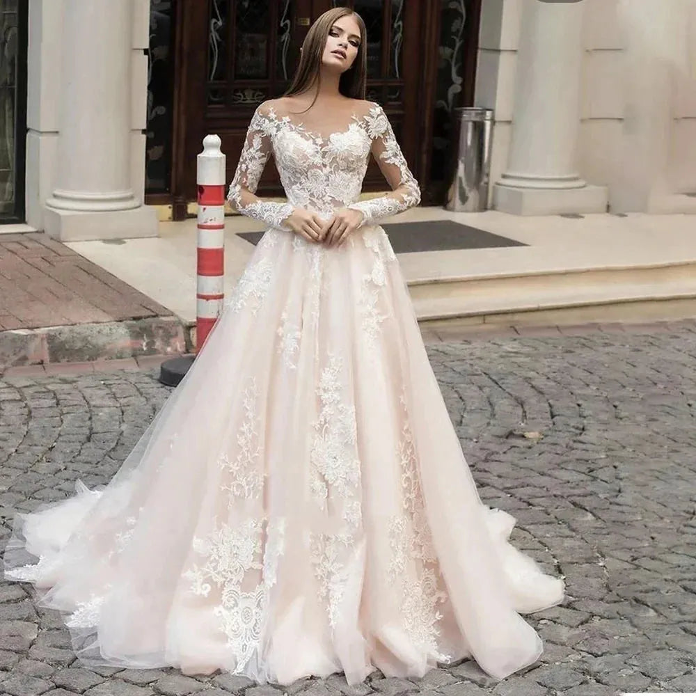 Exquisite Wedding Dresses For Women A-Line Luxury Bridal Gowns Lace Appliques Long Sleeves O-Neck Vintage Vestidos De Novia As picture