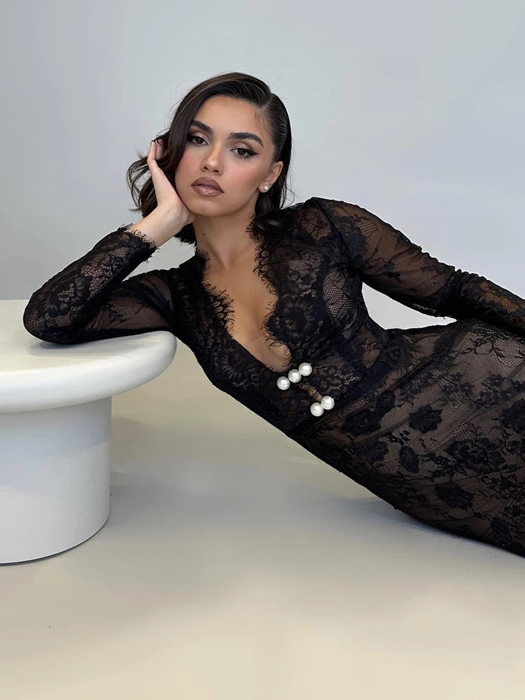 Black Long Dresses For Women Sexy V Neck Long Sleeve Lace Evening Maxi Gown Fashion Summer Dresses
