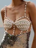 Chic Sequin Pearl Detailed Cut-Out & Straps Dress for Trendy Parties Evening Gown
