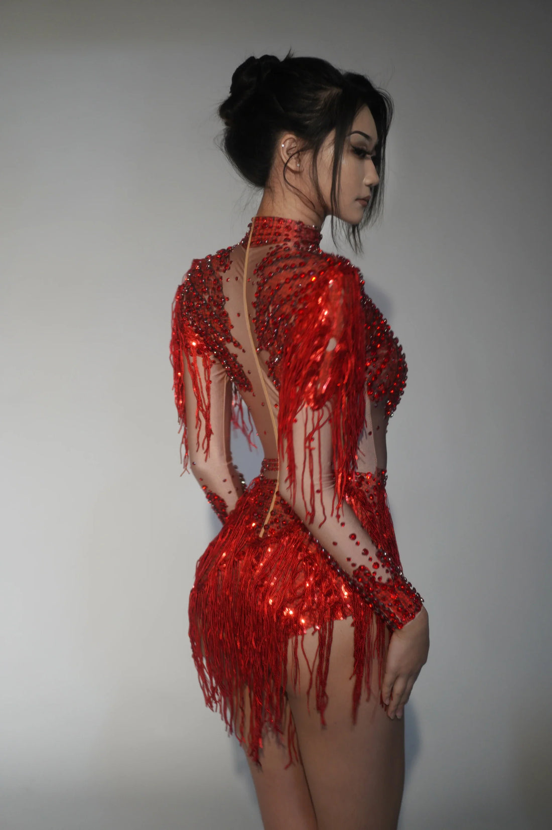Sparkly Rhinestone Sequin Tassel Stretch Bodysuits Women Birthday Party Nightclub Dj Stage Performance Costume Red
