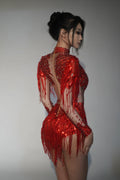 Sparkly Rhinestone Sequin Tassel Stretch Bodysuits Women Birthday Party Nightclub Dj Stage Performance Costume