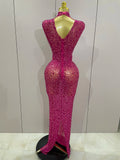 Sexy Sparkly Crystal Diamonds Mesh See Through Long Dress Women Elegant Party Costume Singer Stage Performance Outfit