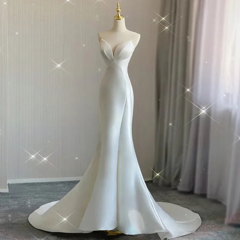 Luxusweiß Satin Hochzeit nachfolgend Meerjungfrau Maxi Kleider für Braut Elegant Lang Abschlussball Abend Gast Cocktail Party Frauen Kleid