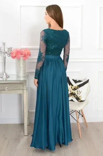Hunter Green Evening Dress Long Full Sleeves A Line Lace Applique Sequined Bling Slit Floor Length Prom Party Gowns Elegant Green