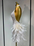 Sexy Halter Backless Feather Pearl Short Party Dress Women Luxury Rhinestone Celebrate Birthday Outfit Performance Dance Costume