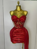 Sparkly Red Diamonds Two Piece Set Sexy Strapless Backless Women Outfit Evening Party Nightclub Stage Performance Dance Costume Red