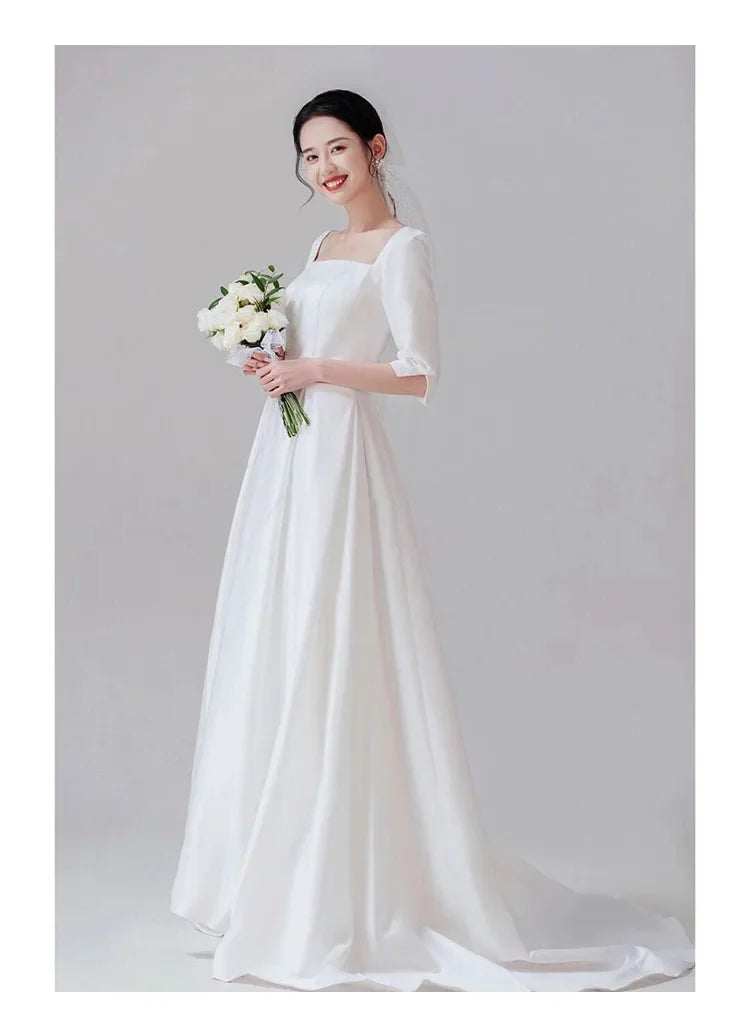Wanita pengantin wanita manis lengan pendek gaun pengantin kereta kecil sederhana renda a-lace up satin khusus dibuat untuk mengukur panjang lantai