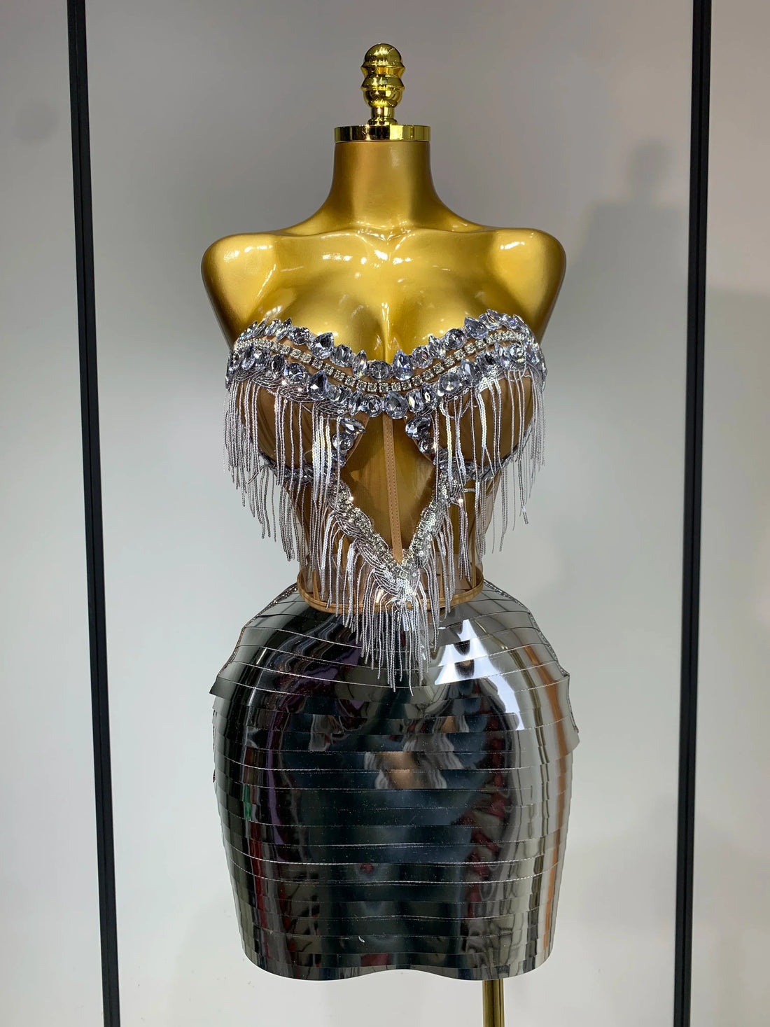 Sparkly Sliver Rhinstones tassels Top Skirt Two Piece Set Women Sexy Strapless Nightclub Birthday Evening Party Stage Outfit Silver