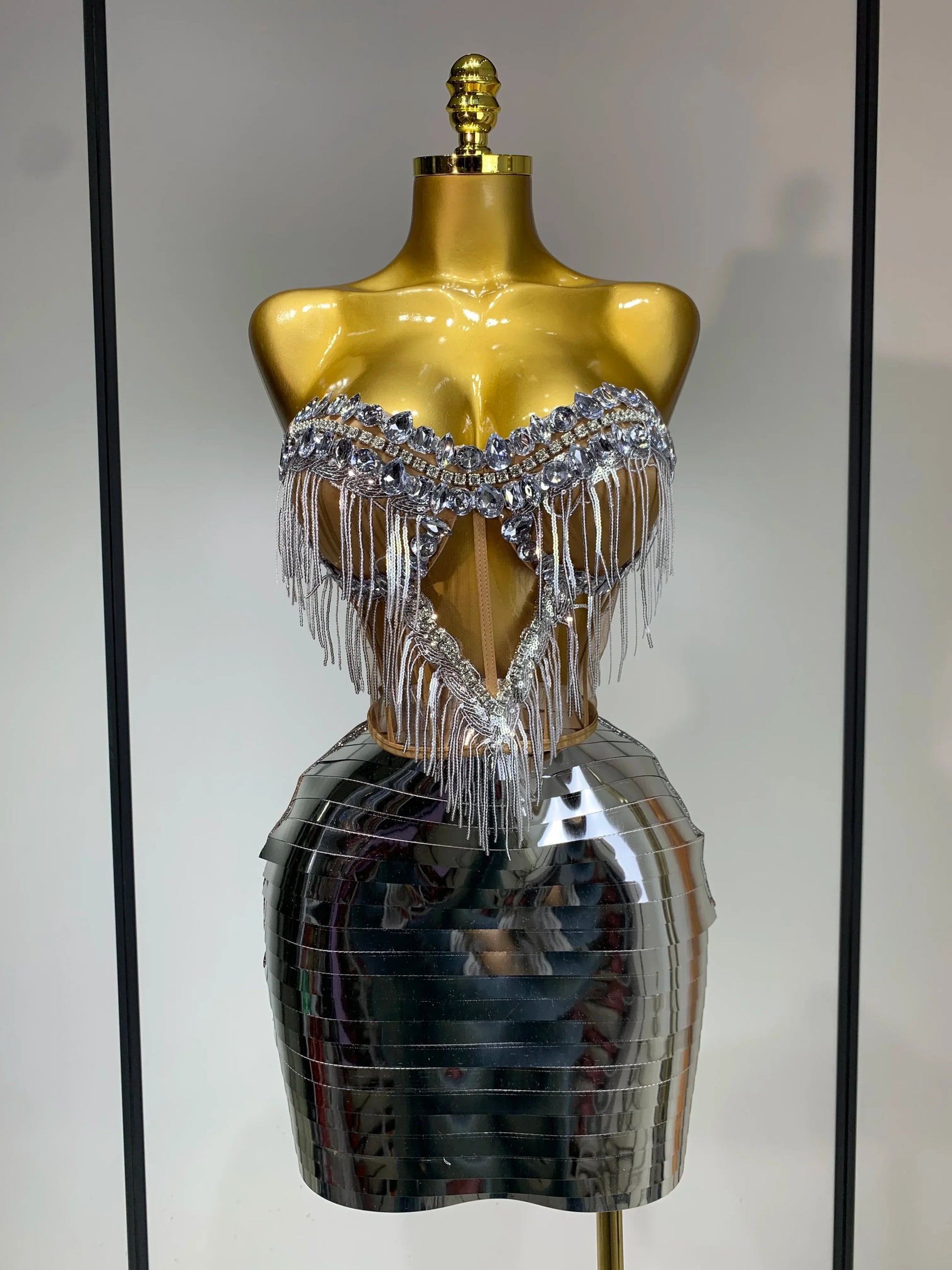 Sparkly Sliver Rhinstones tassels Top Skirt Two Piece Set Women Sexy Strapless Nightclub Birthday Evening Party Stage Outfit Silver