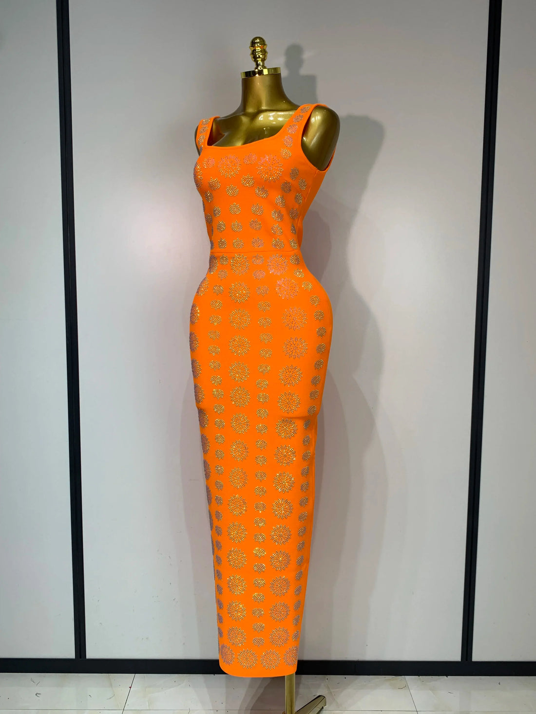 Sparkling Diamonds Sleeveless Strech Bandage Dress Elegant Woman Evening Party Wedding Guest Luxury Birthday Dress Orange