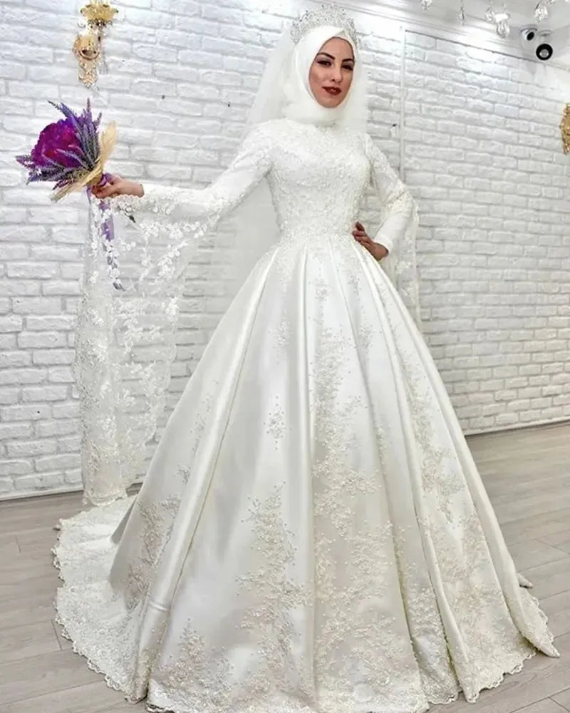 Muslim Wedding Dress | Modest Muslim Wedding Dresses For Women A Line High Neck Long Sleeves Arabic Islamic Bridal Gowns Lace Applique Vestido De Noiva Ivory 14w