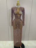 Shining Rhinestones Sexy Mesh See Through Long Dress Women Birthday Celebrate Evening Singer Show Stage Wear Photo Shoot Dress Dark Brown