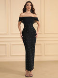 Spring Sexy Women's Pearl Design Bandage Dresses One Collar Shoulder Bodycon Bareback Long Dress Evening Party Vestidos black