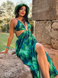 Sexy Sleeveless Deep V-Neck Printed Floral Backless Lace Up High Slit Elegant Party Cocktail Evening Gowns Vestido