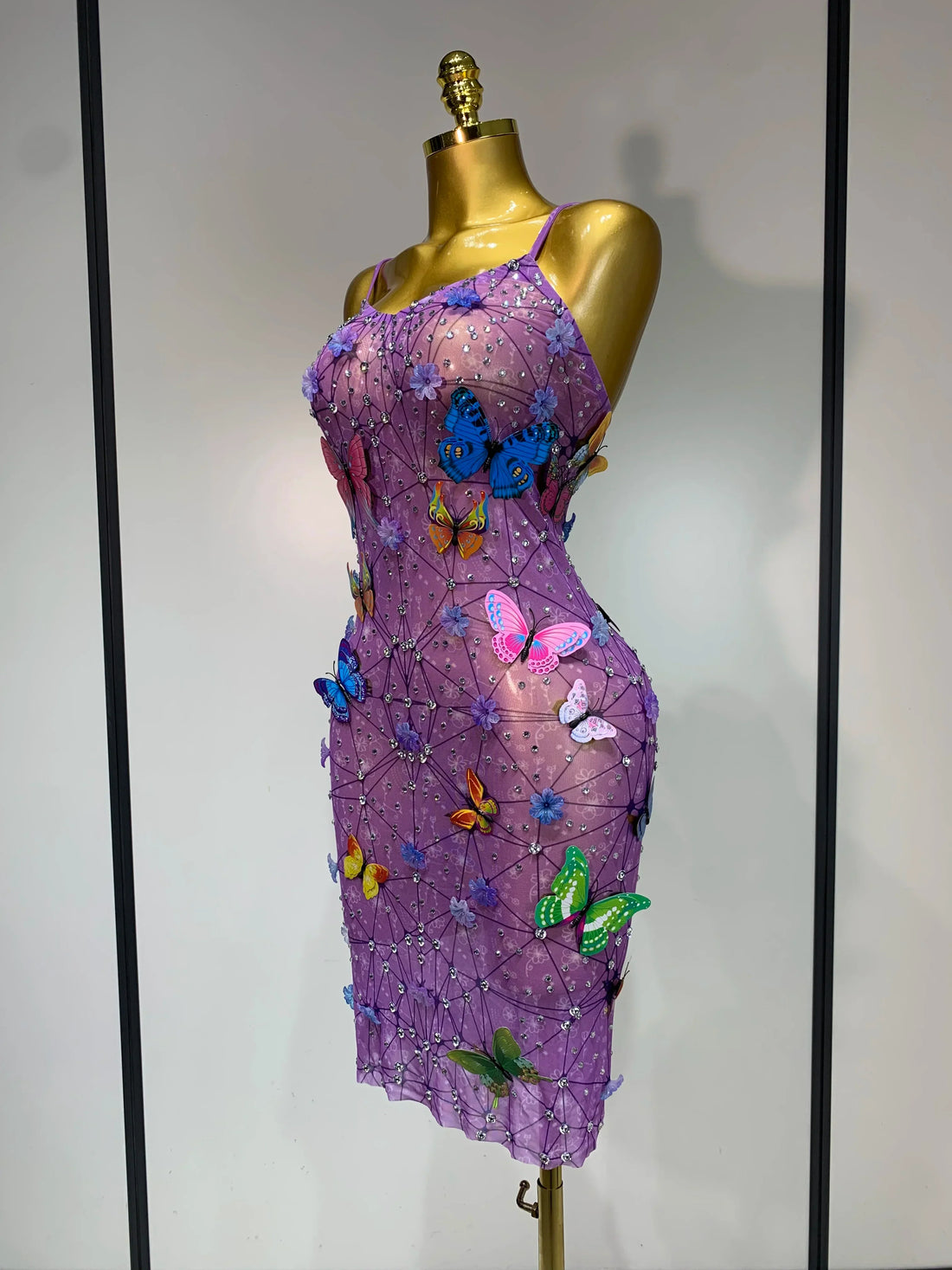 Sparkly Women Sexy Mesh See Through Dress Butterfly Purple Celebrity Luxury Birthday Nightclub Stage Outfit PURPLE