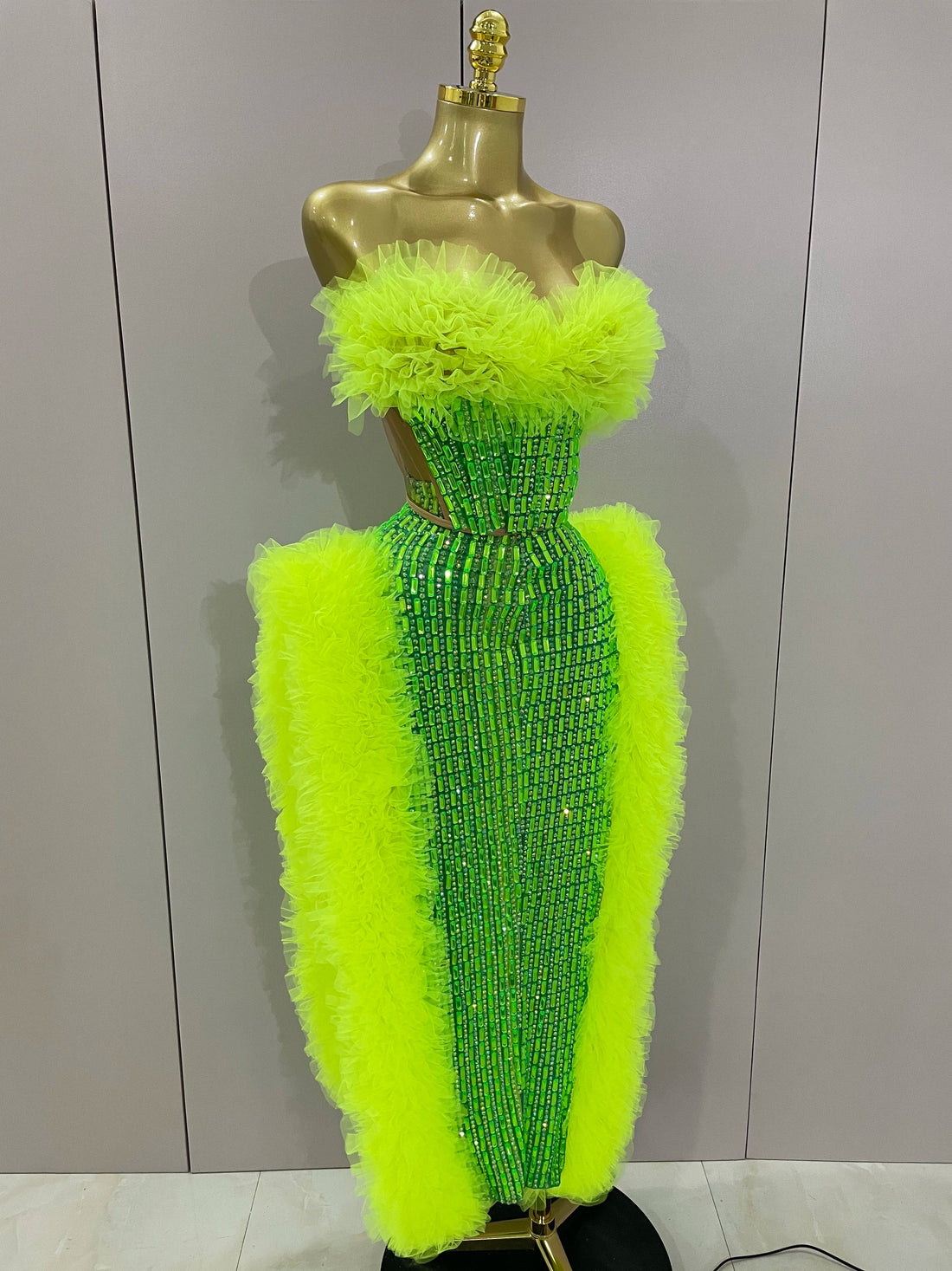 Sparkly Rhinestone Sexy Strapless Tops Skirt 2 PCS Set Women Celebrate Evening Prom Birthday Dress Nightclub Stage Outfit Fluorescent Green