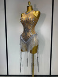 Women Sexy Mesh See Through Diamonds Long Tassels Bodysuit Luxury Evening Party Bar Nightclub Stage Performance Singer Outfit