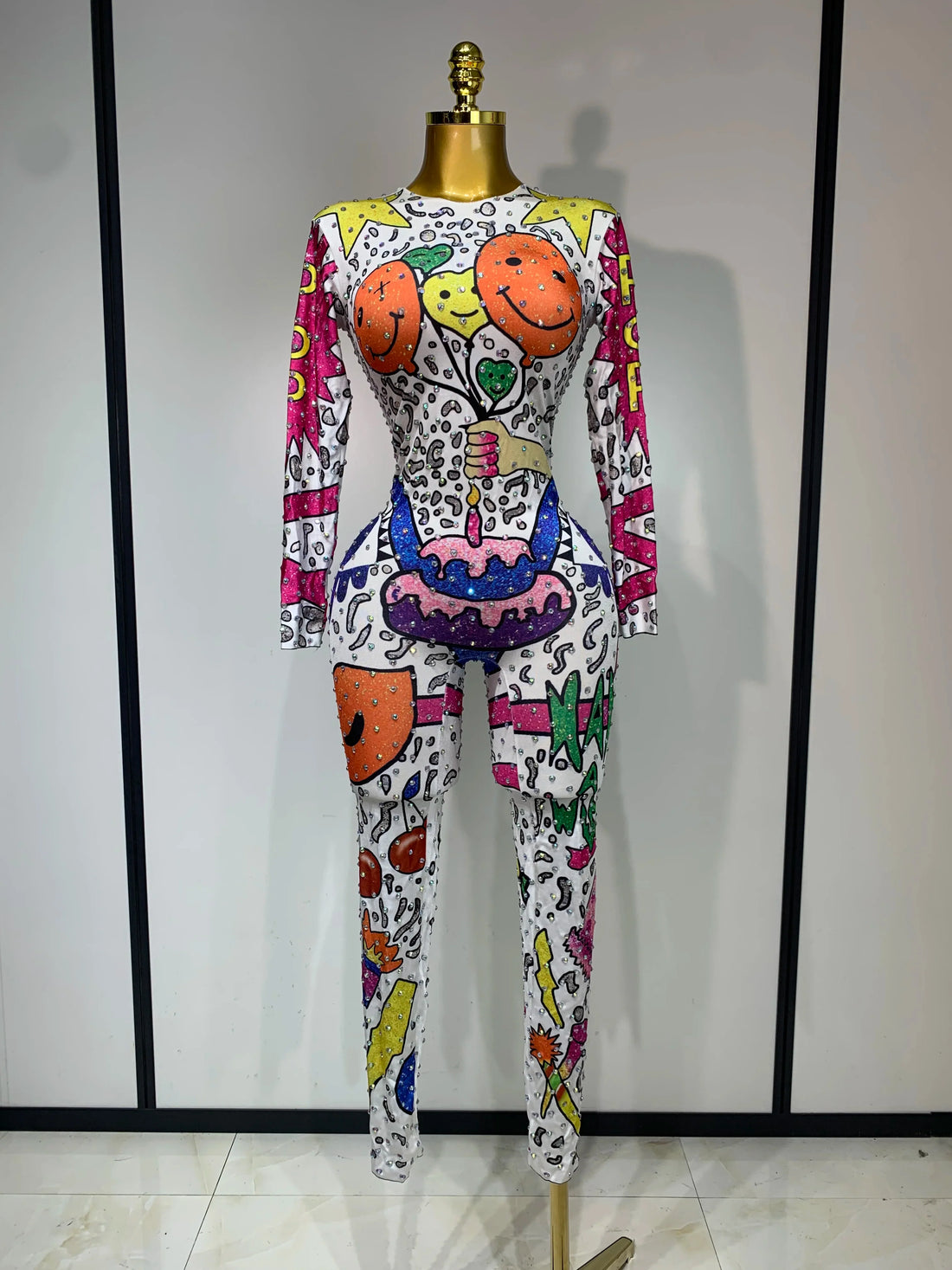 Sparkly Colorful Balloon Cartoon Stretch Sexy Dance Stage Jumpsuit Birthday Party Shiny Rhinestone Performance Club Stage Outfit MULTI