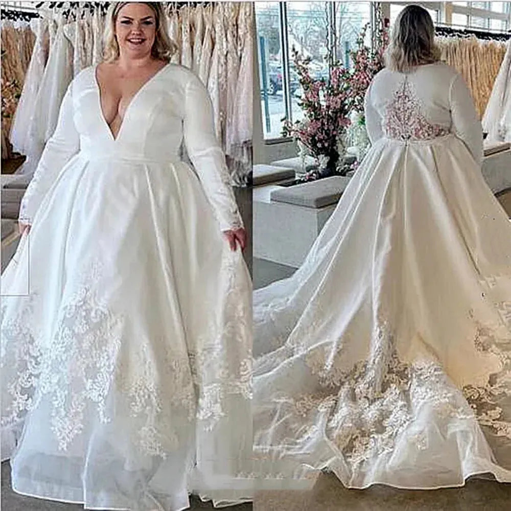 Charming Plus Size Wedding Dresses For Women A Line Long Sleeves Bridal Gowns Satin With Lace Applique Vestidos De Novia As picture