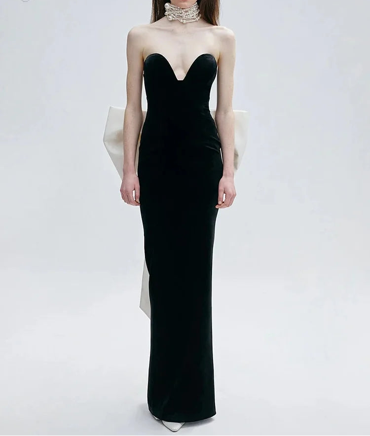Glamorous Black Mermaid Strapless V-Neck Dress Gown with Bow Detail for Galas Wedding Party