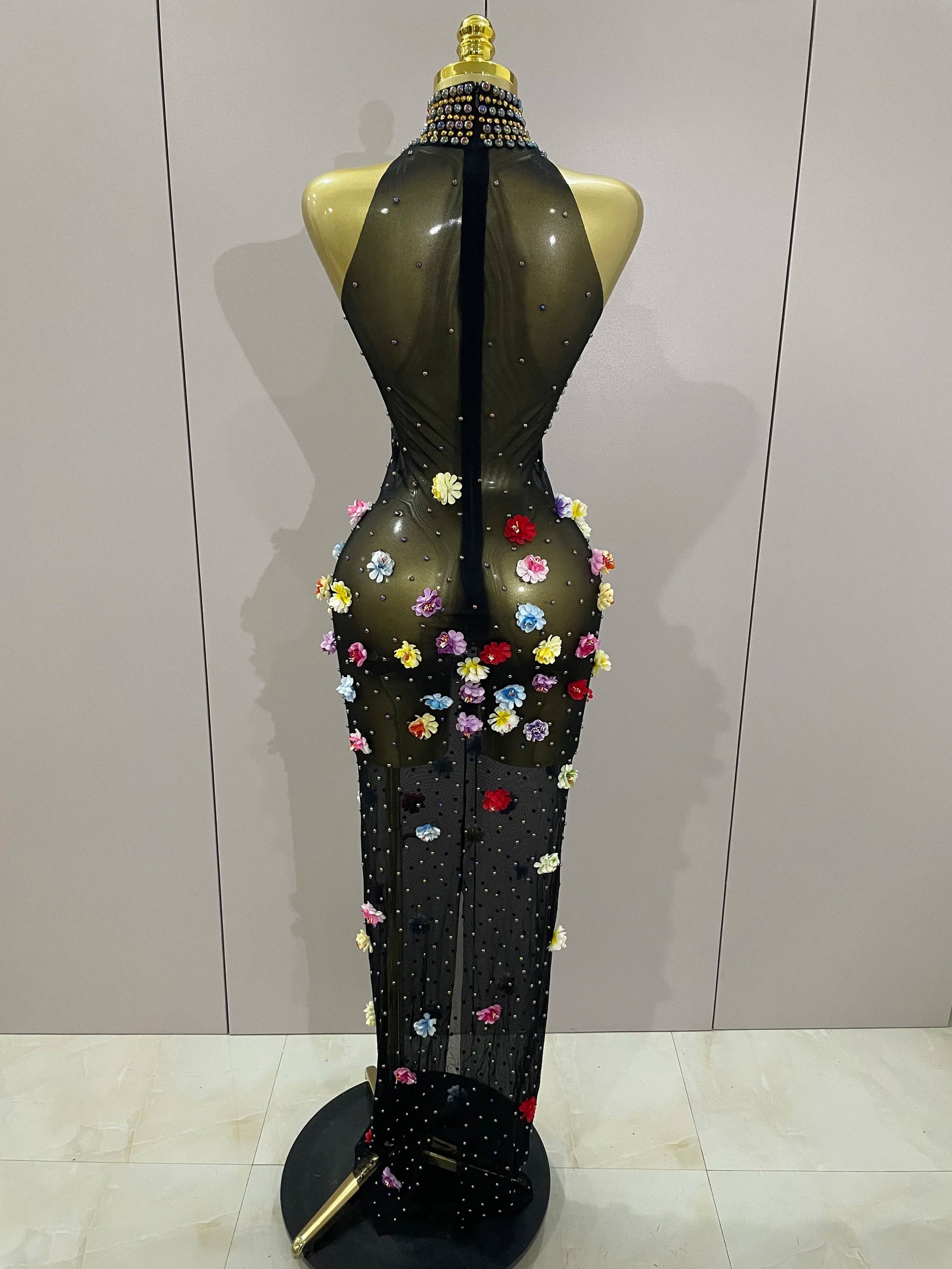 Sparkly Rhinestones Flowers Sexy See Through Long Dress Women Birthday Celebrate Wedding Evening Prom Dress Photo Shoot Wear