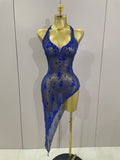 Sparkly Rhinestone V Neck Stretch Mesh Sexy See Through Dress Women Elegant Party Celebrate Perform Costume Stage Outfi Blue