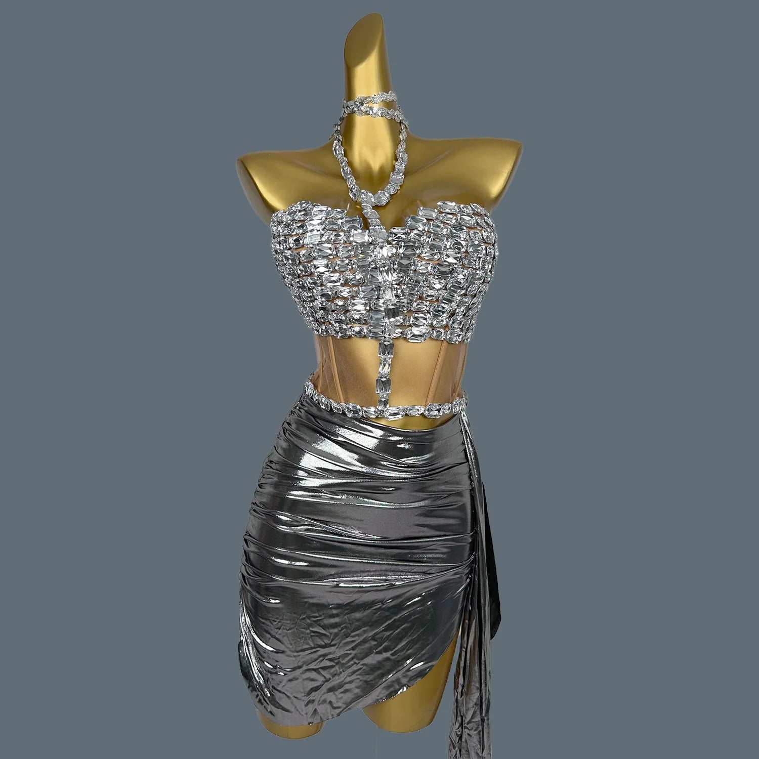 Luxurious Diamond Cocktail Dress 2-Piece Set Nightclub Prom Gown Sexy Girls Short Prom Dress Birthday Party Mini Dress Zhuantou GRAY One Size