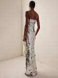 Women's Elegant Silver Sequins Slip Long Dress Sleeveless 3D Flowers Embellished Cocktail Party Evening Gown