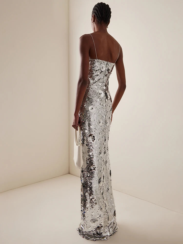 Women's Elegant Silver Sequins Slip Long Dress Sleeveless 3D Flowers Embellished Cocktail Party Evening Gown