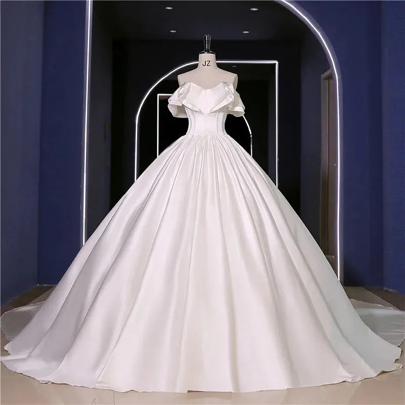Soft Satin Wedding Dresses Simple Vestido De Noiva Elegant Boat Neck Classic Real Photo Ball Gown Customize Robe De Mariee Floor lrgnth 14w