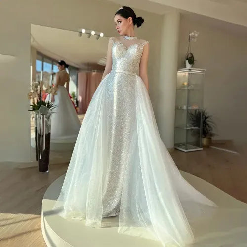 Glitter Elegant Mermaid Wedding Dresses High Neck Backless Bride Party Dresses for Women Bridals Prom Dresses with Train White 26W