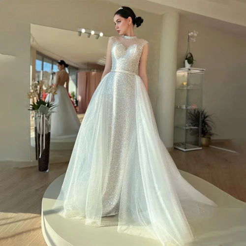 Glitter Elegant Mermaid Wedding Dresses High Neck Backless Bride Party Dresses for Women Bridals Prom Dresses with Train