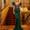 Deep Green Satin V-neck Prom Dresses Mermaid Appliques Puff Short Sleeves Ruffles Robes De Soirée Christmas Evening Dresses